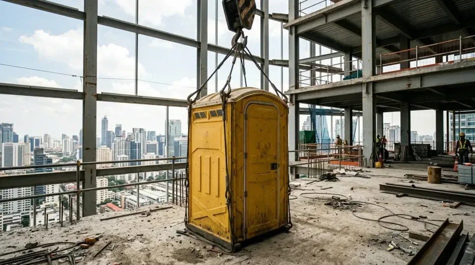 Portable Toilet — Construction Site — Portable Toilet, Crane Hook, Steel Beams, Construction Site, Event Porta Potty Rental…